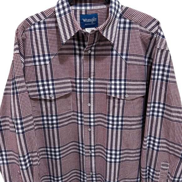 Wrangler Western Shirt Men Size XL Pearl Snap Wine Navy White Cowboy Long Sleeve - Picture 2 of 9
